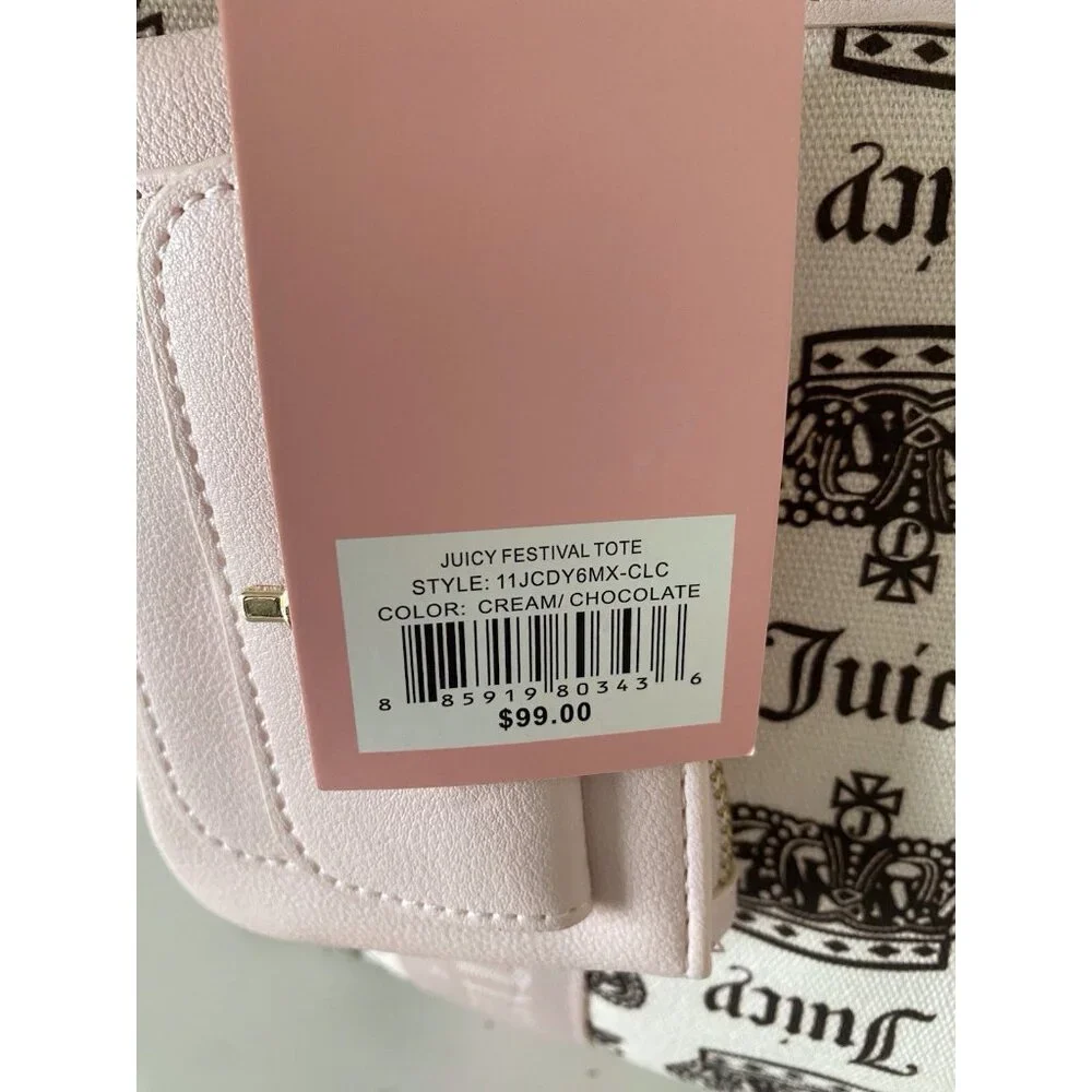 Juicy Couture Crown Juicy Festival Tote Bag Pink Cream Chocolate W/Plush Charm‎